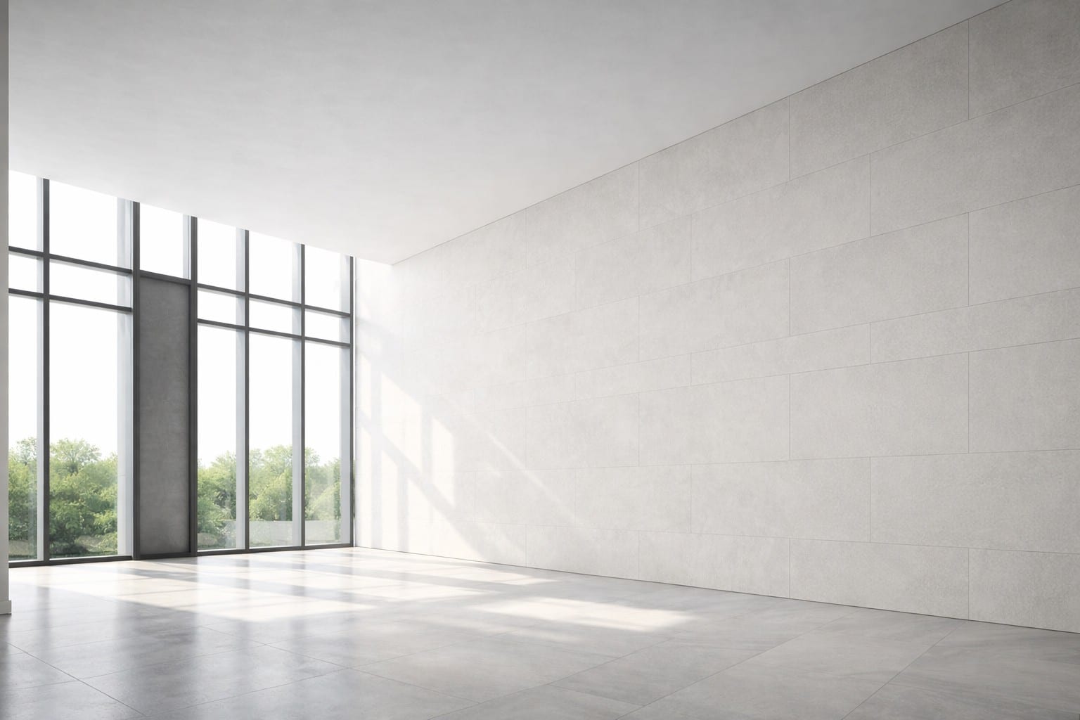 Bright modern living room with natural daylight and clean mineral wall